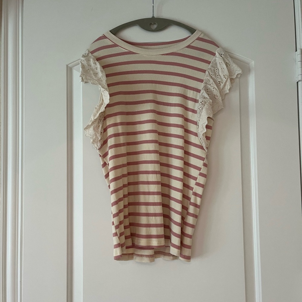Vine & Love Pink and Cream Striped Lace Sleeve Top